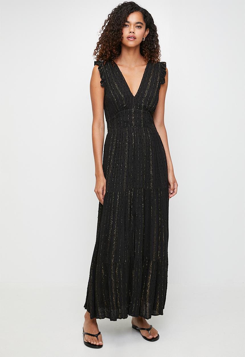 Izabel London - V-Neck Maxi A-Line Dress With Waist Inset - Black