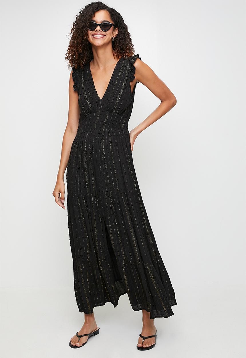 Izabel London - V-Neck Maxi A-Line Dress With Waist Inset - Black