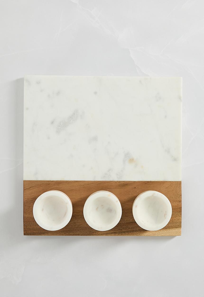 Sixth Floor - Marble & wood platter w 3 bowls - White
