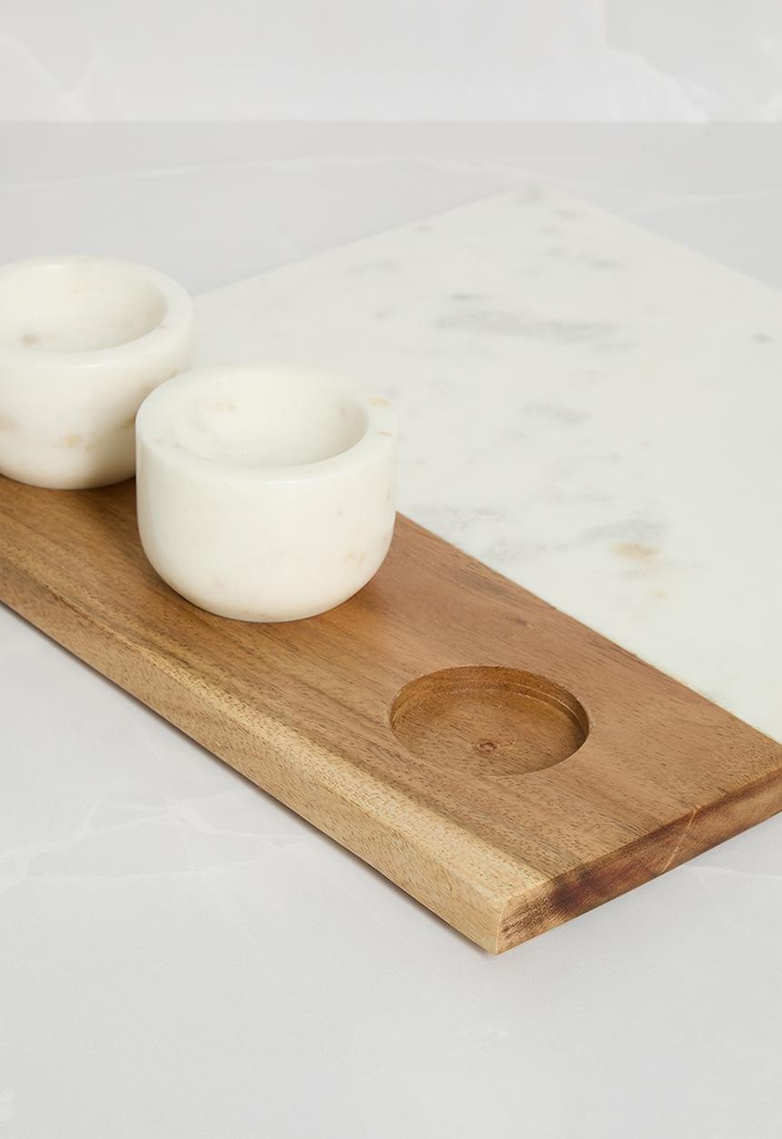 Sixth Floor - Marble & wood platter w 3 bowls - White
