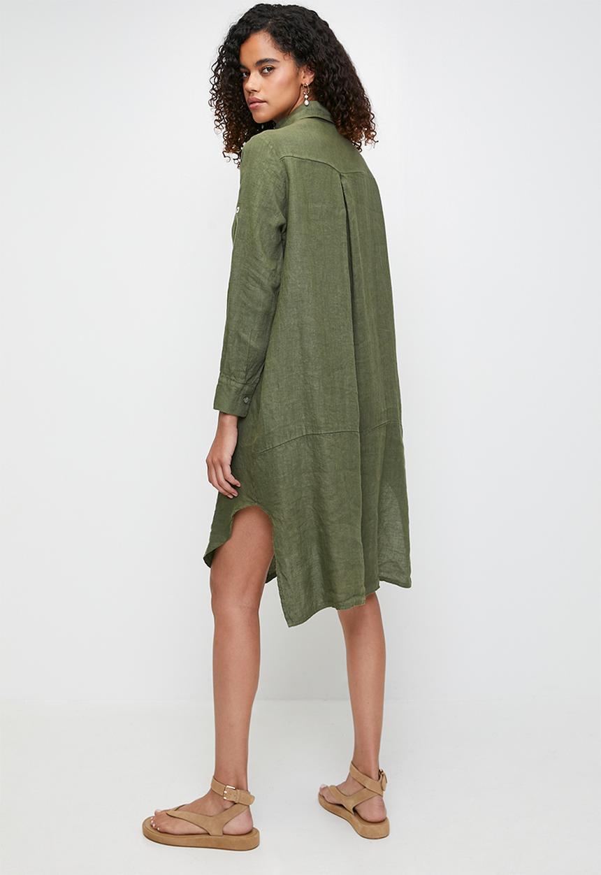Stella Morgan - Linen Midi Dress With Front Scoop - Khaki