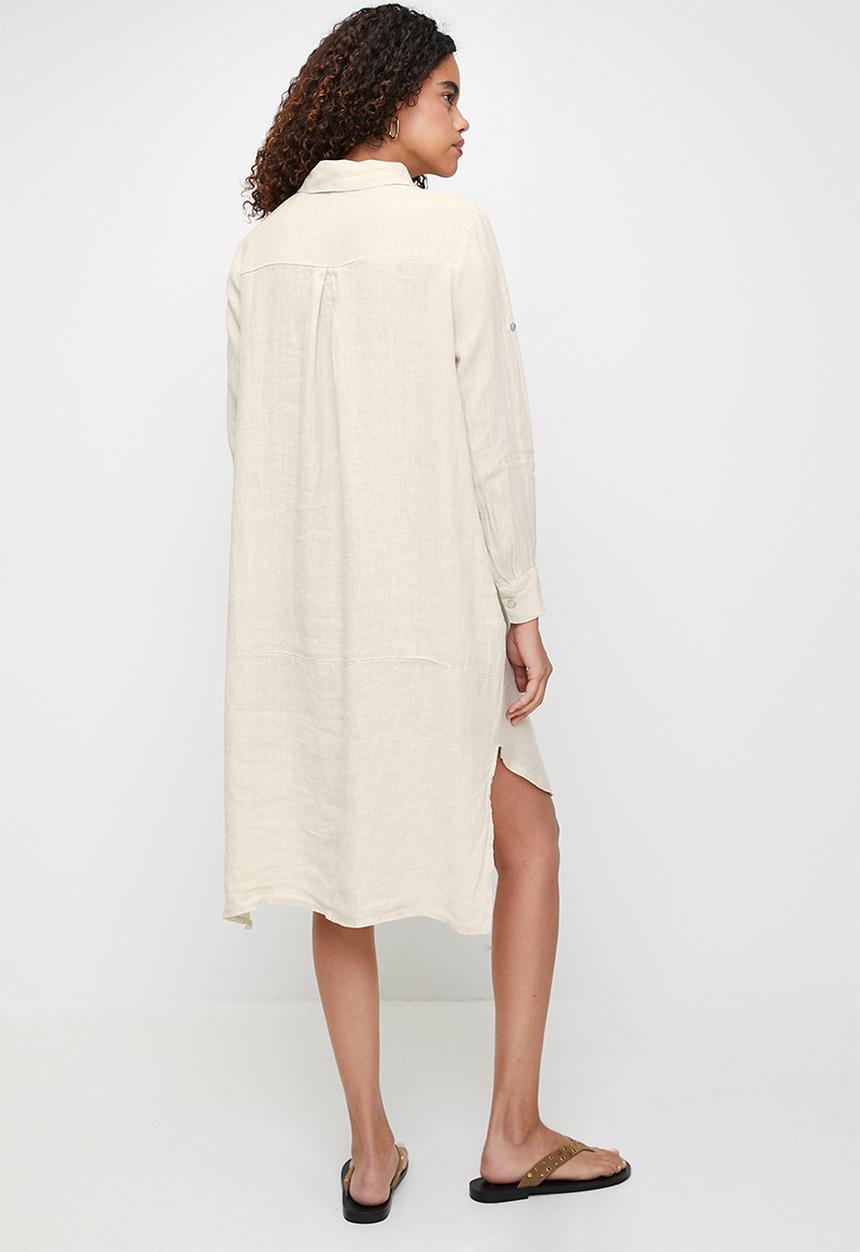 Stella Morgan - Linen Midi Dress With Front Scoop - Beige