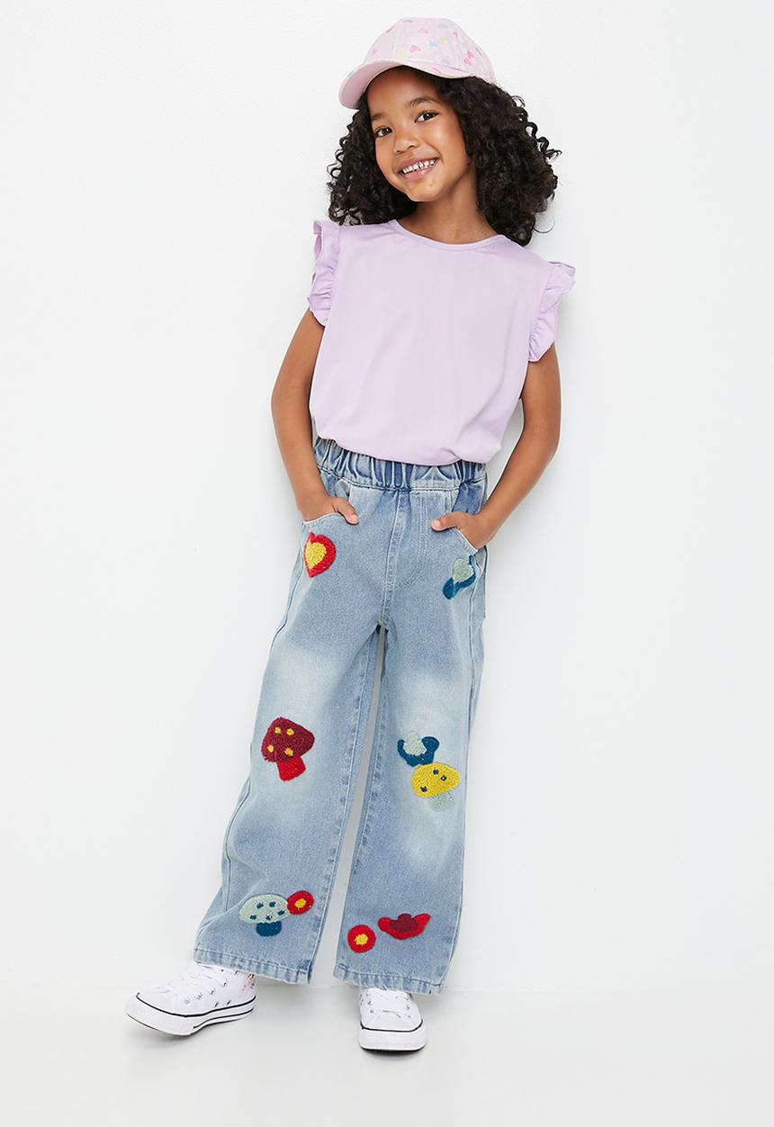 Pop Candy - Chenille embroidered wide leg jean - blue
