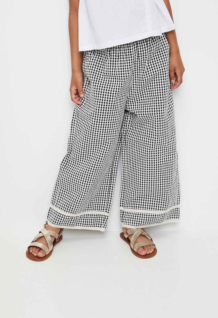 Pop Candy - Wide leg pants with lace knit trim - black gingham