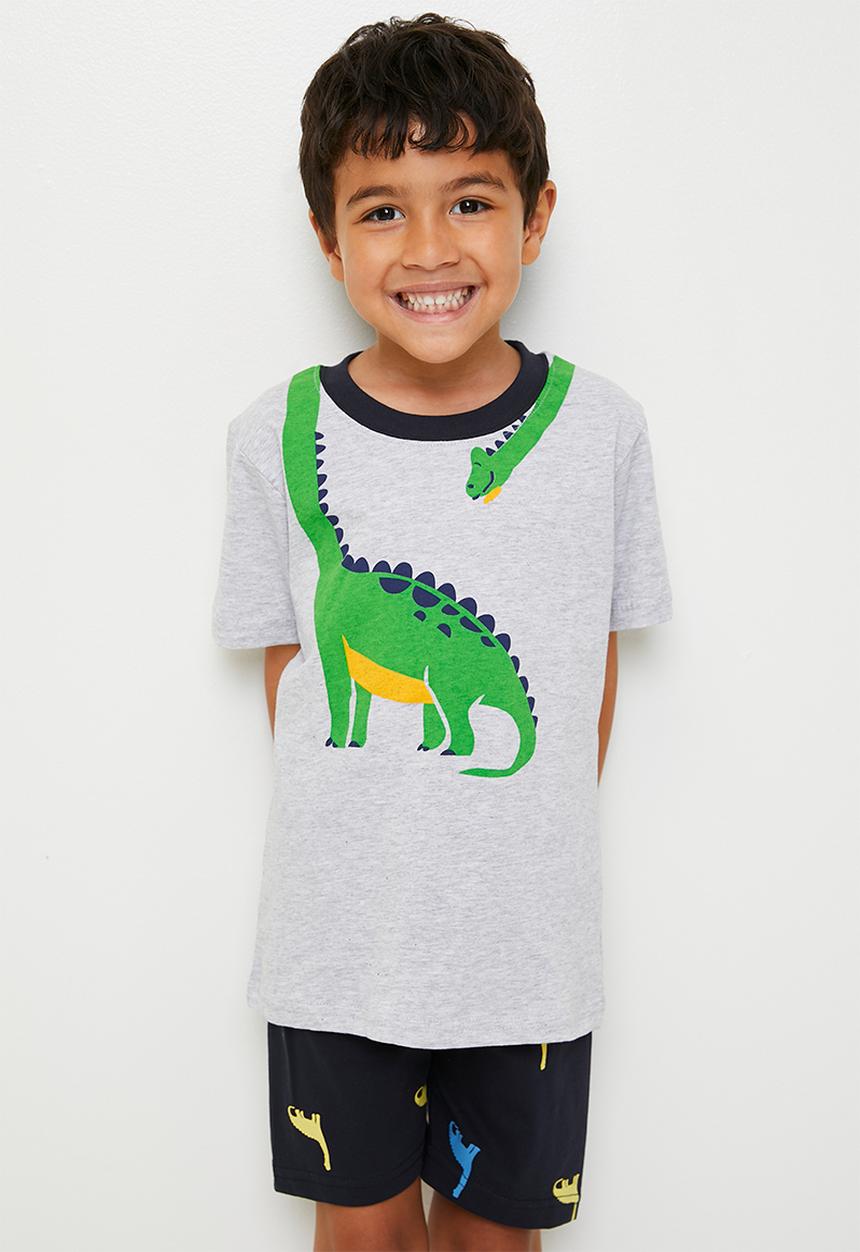 Pop Candy - Dino graphic pj top with all-over print shorts - grey/dark navy