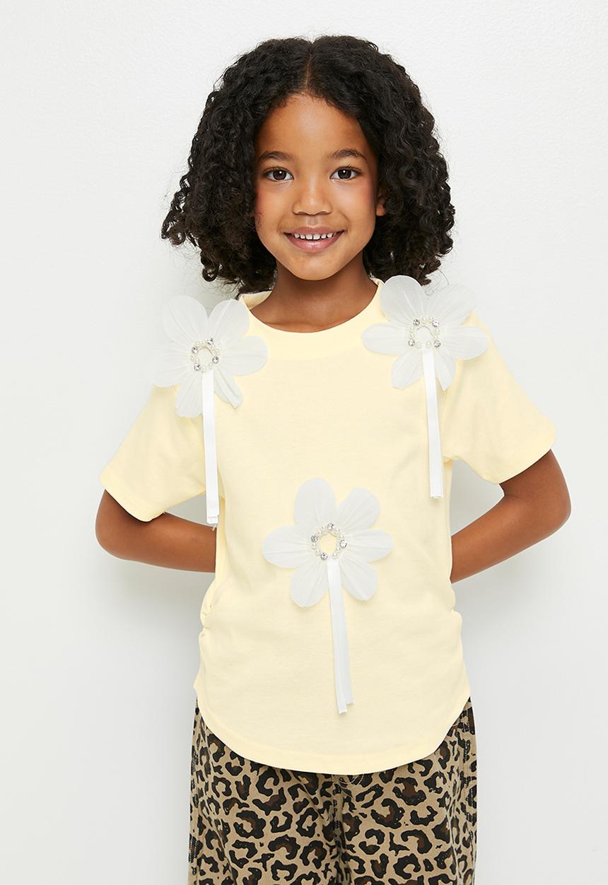 Pop Candy - 3D fabric flower top with beads and ribbon - light yellow/white