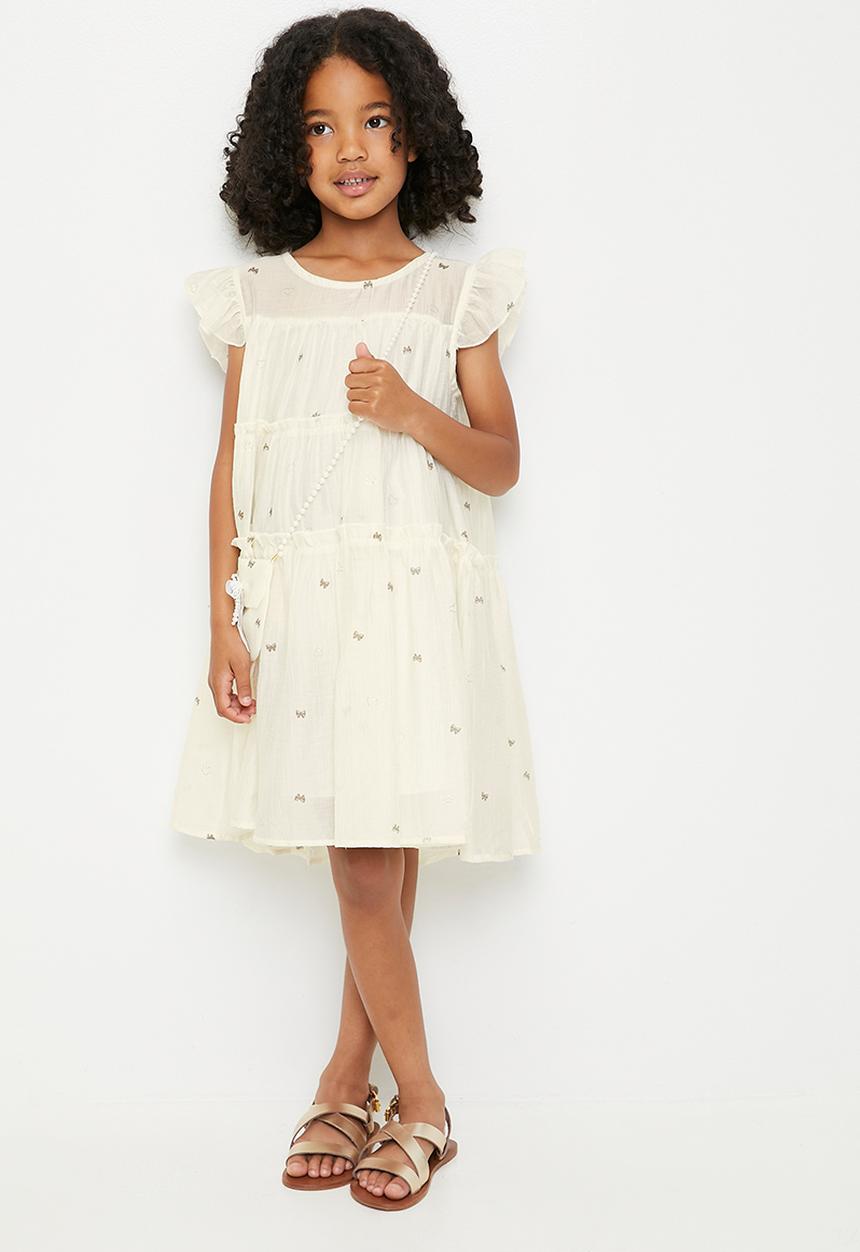 Pop Candy - Tiered tent dress with pearl strapped pouch - cream/bow aop