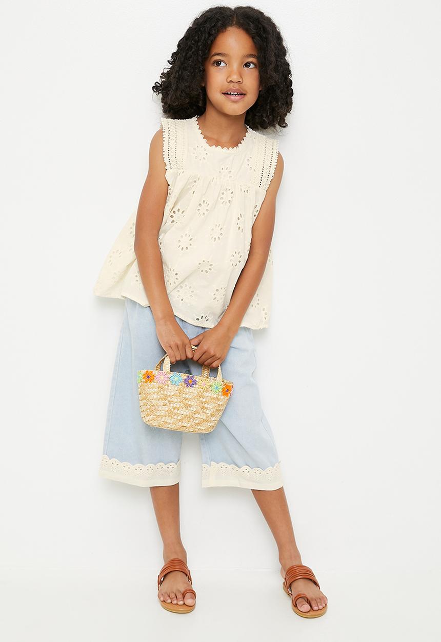 Pop Candy - Anglaise top with crochet detail & matching jeans - cream/light blue
