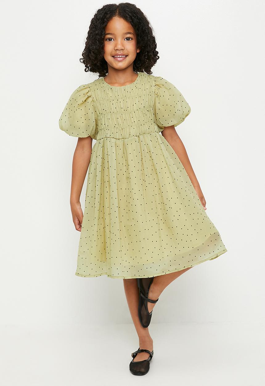 Pop Candy - Shirred bodice dress with bubble sleeves - green/micro dots
