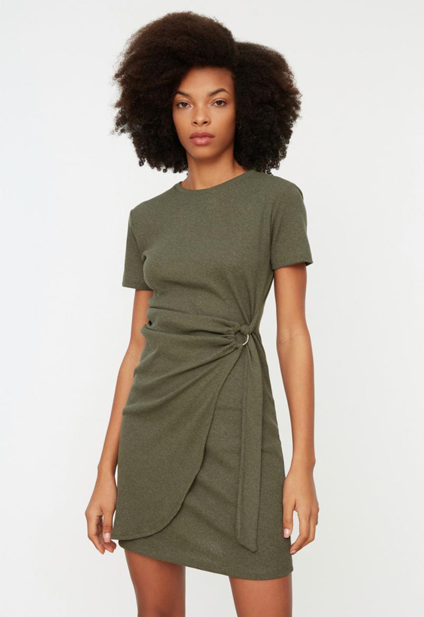 Trendyol - Mini Straight Cut Knitwear Dress - Khaki