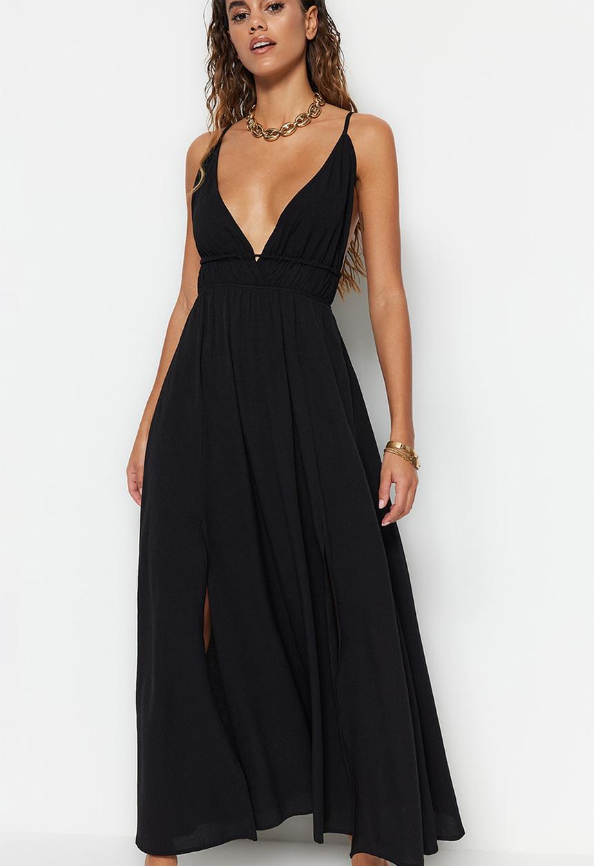Trendyol - Maxi Deep V Woven Dress - Black