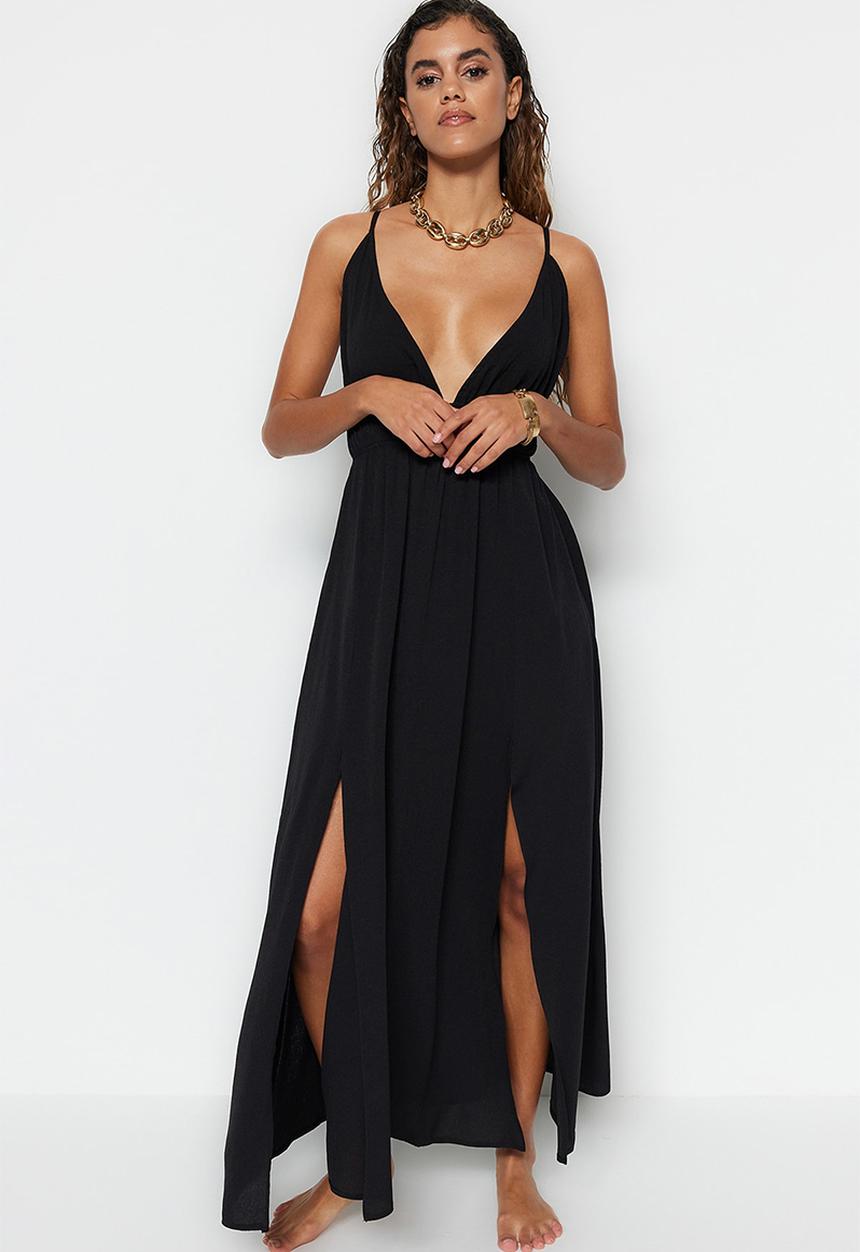 Trendyol - Maxi Deep V Woven Dress - Black