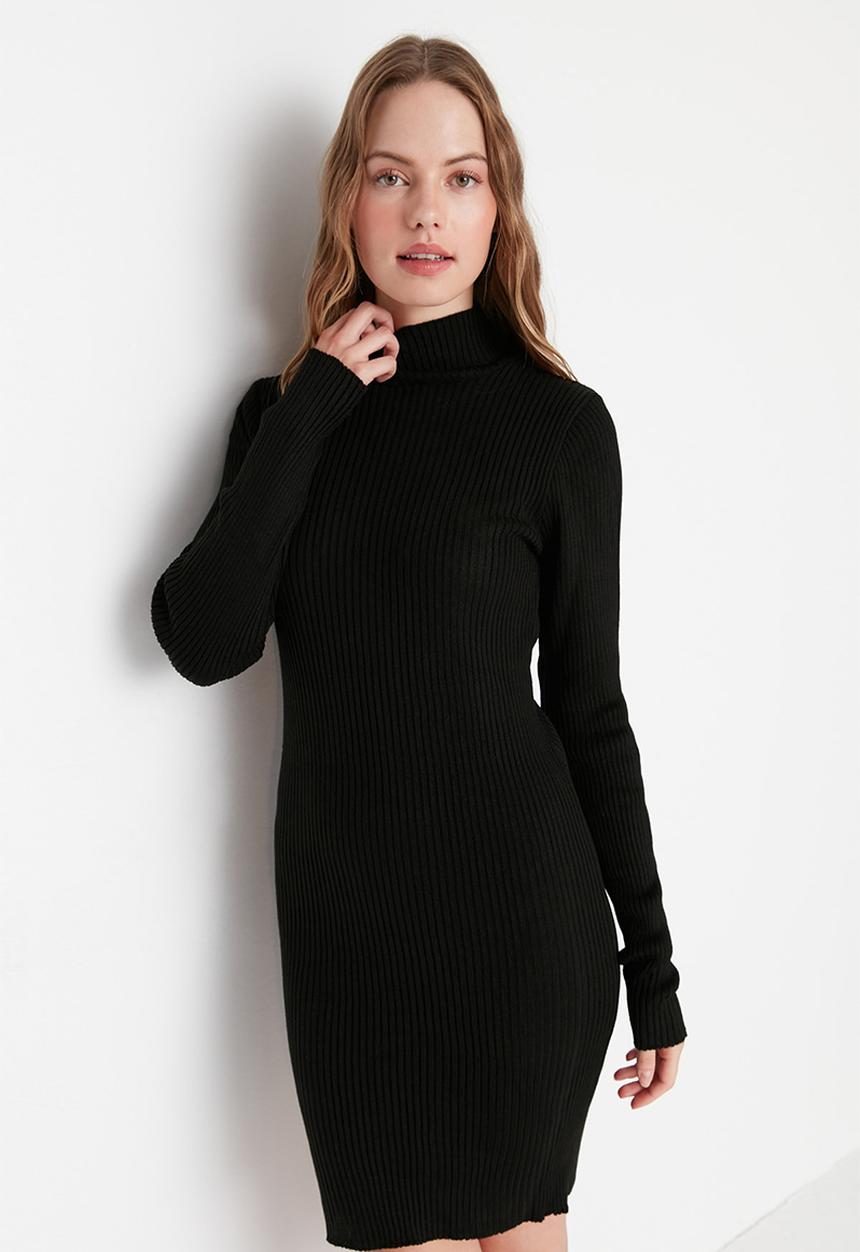 Trendyol - Mini Knit bodycon High Neck Dress - Black