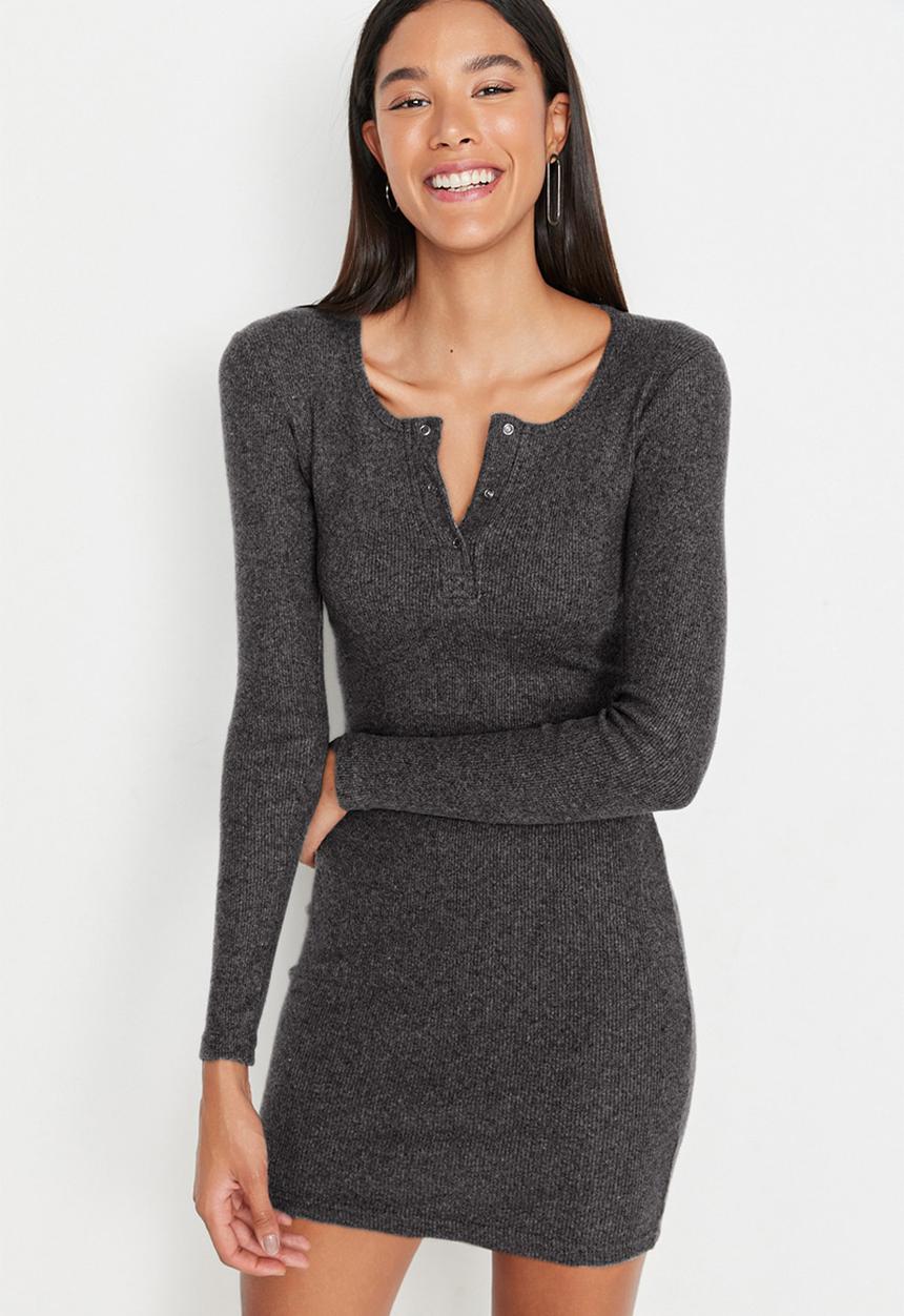 Trendyol - Mini Knit Bodycon Ribbed Dress - Grey