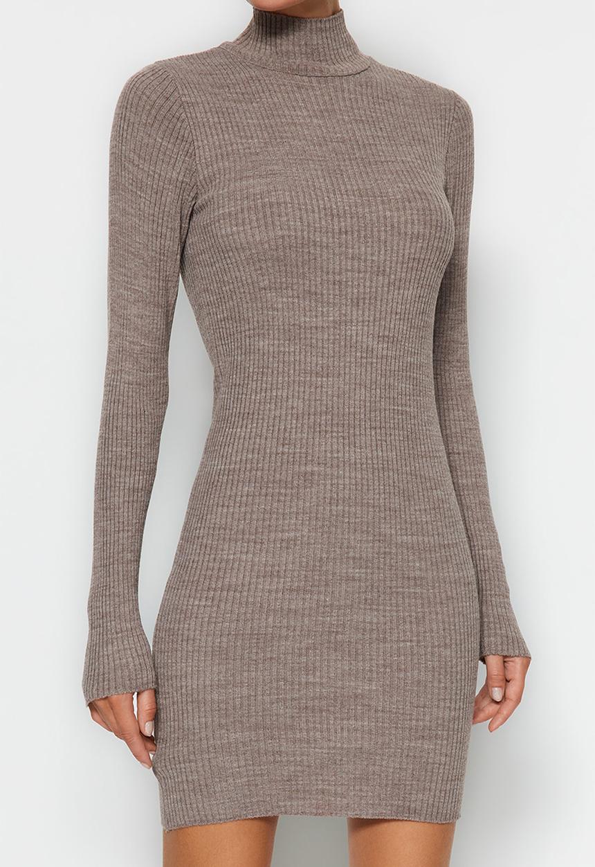 Trendyol - Mini Knit Bodycon High Neck Dress - Grey