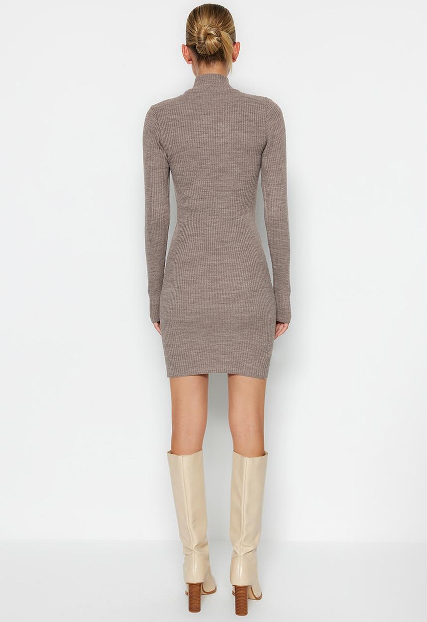 Trendyol - Mini Knit Bodycon High Neck Dress - Grey