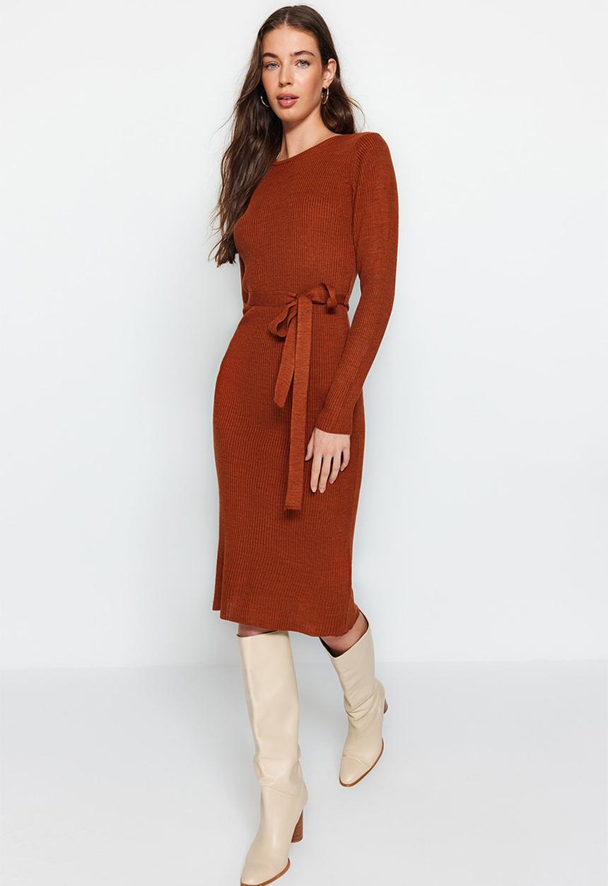 Trendyol - Midi Knit Tie Self Cloth Belt Dress - Copper Brown