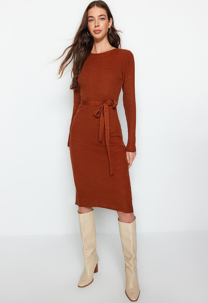 Trendyol - Midi Knit Tie Self Cloth Belt Dress - Copper Brown