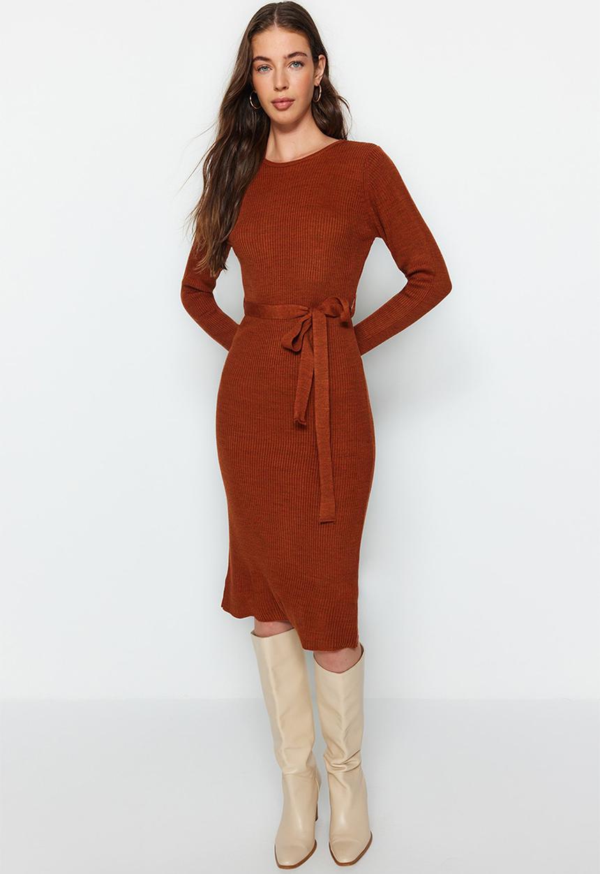 Trendyol - Midi Knit Tie Self Cloth Belt Dress - Copper Brown