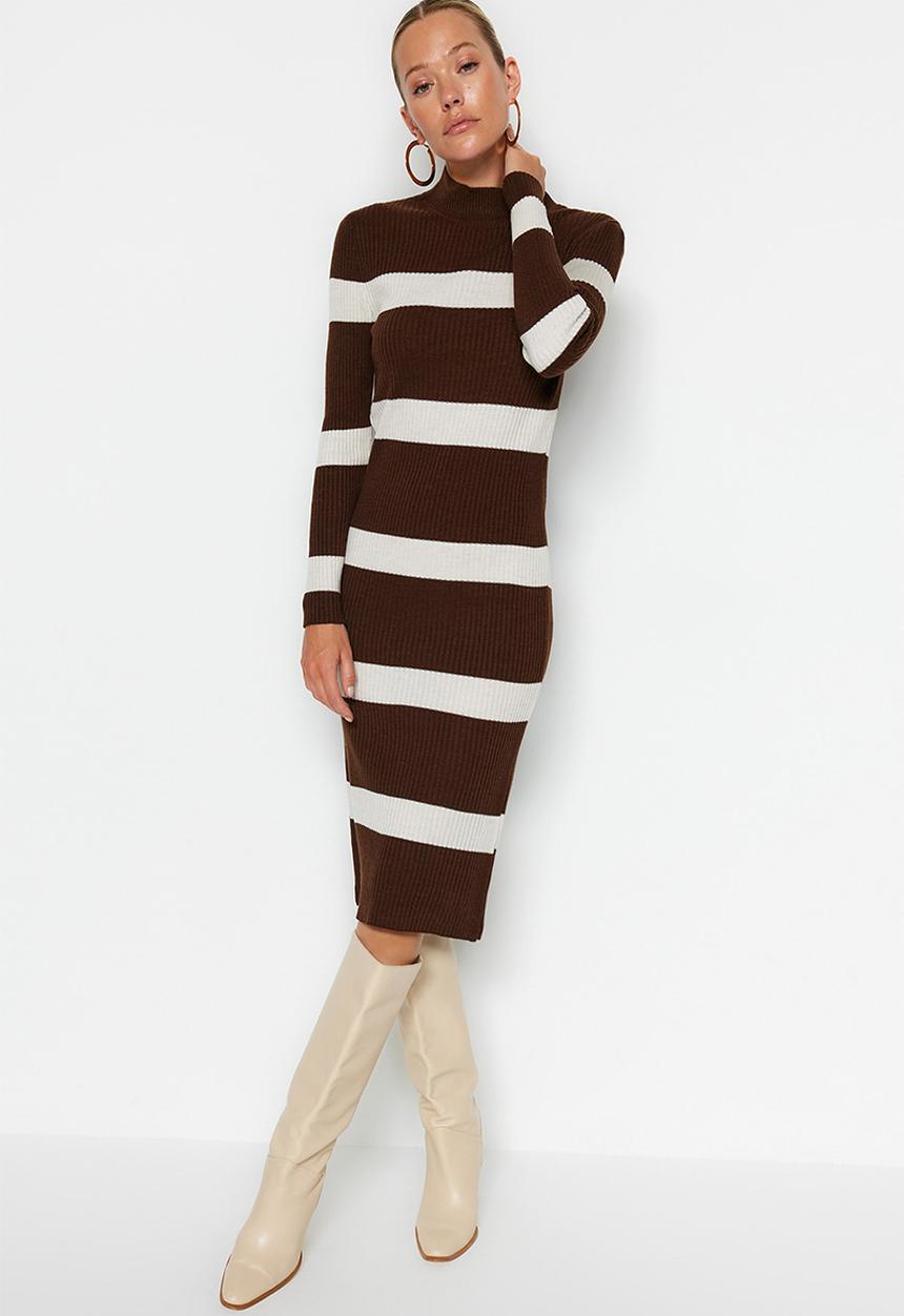 Trendyol - Midi Knit Bold Stripe Dress - Brown