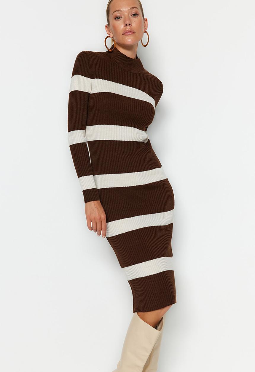 Trendyol - Midi Knit Bold Stripe Dress - Brown