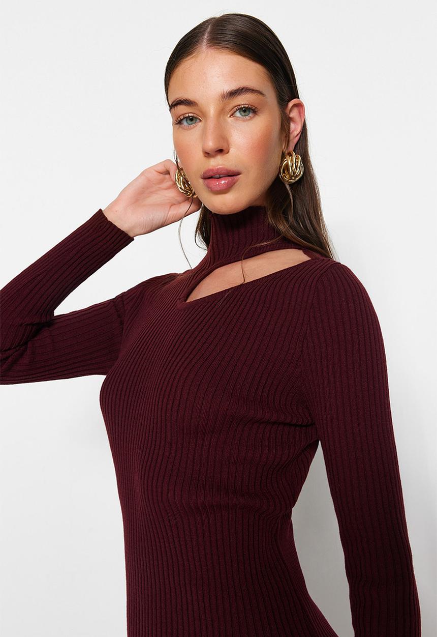 Trendyol - Midi Straight Cut Knitwear Dress - Plum