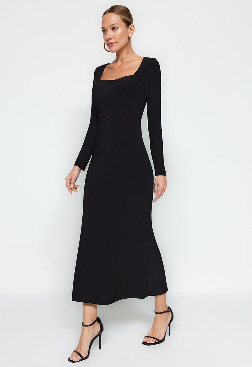 Trendyol - Midi Straight Cut Knit Dress - Black