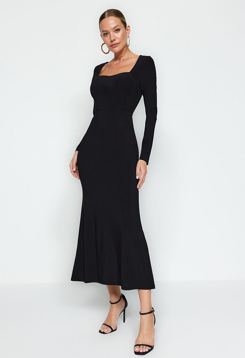 Trendyol - Midi Straight Cut Knit Dress - Black