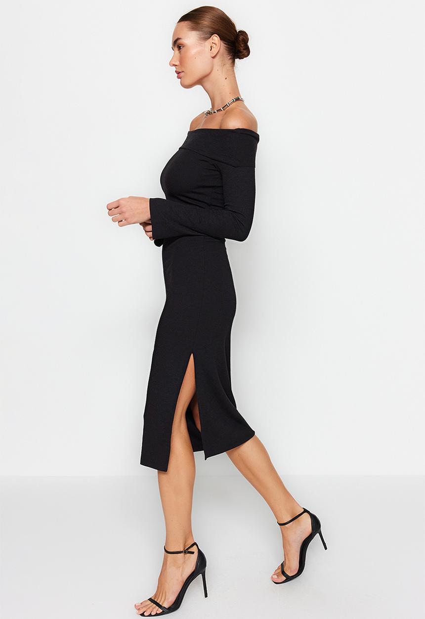 Trendyol - Midi Pencil Knit Dress - Black