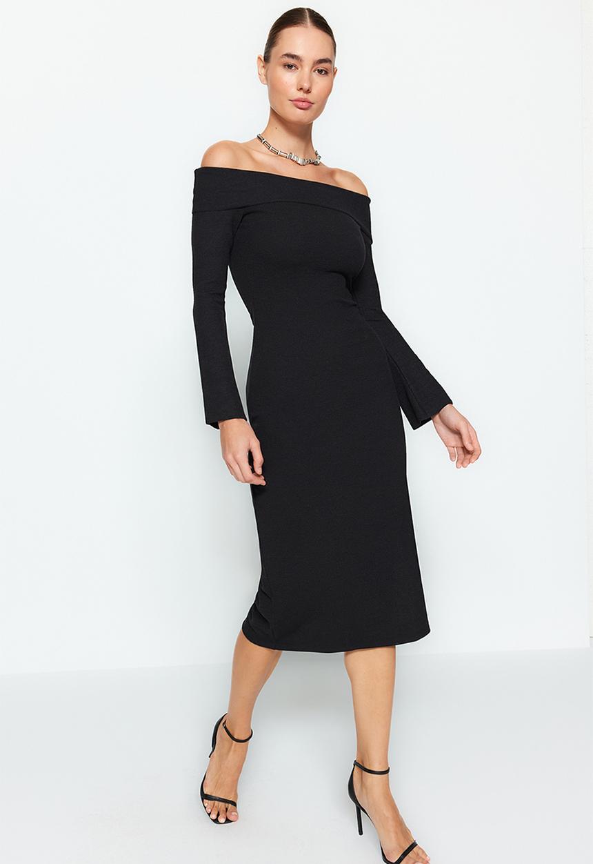 Trendyol - Midi Pencil Knit Dress - Black