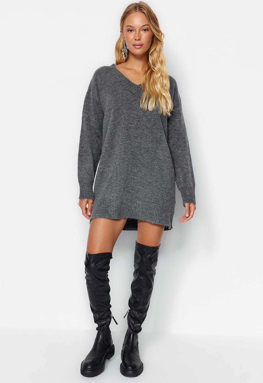Trendyol - Mini Straight Cut Knitwear Dress - Grey