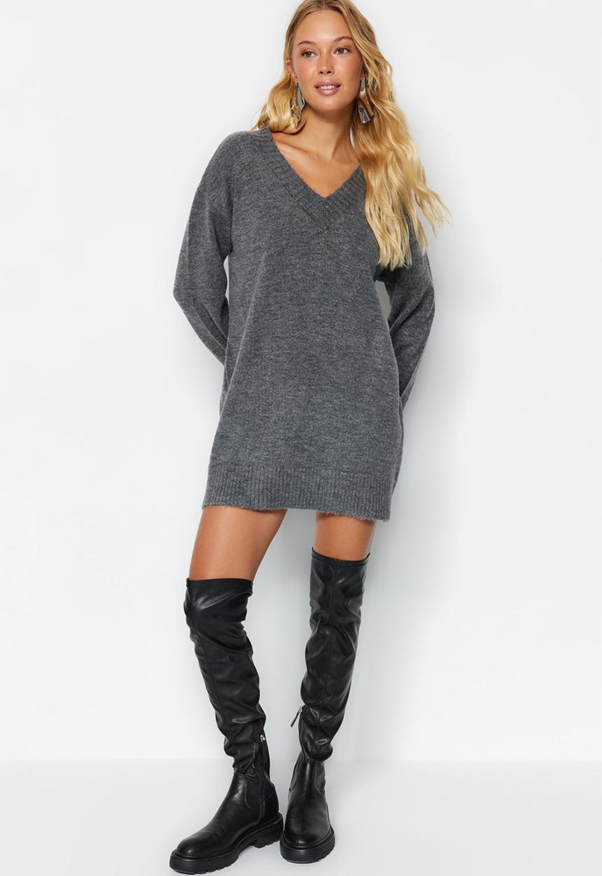 Trendyol - Mini Straight Cut Knitwear Dress - Grey