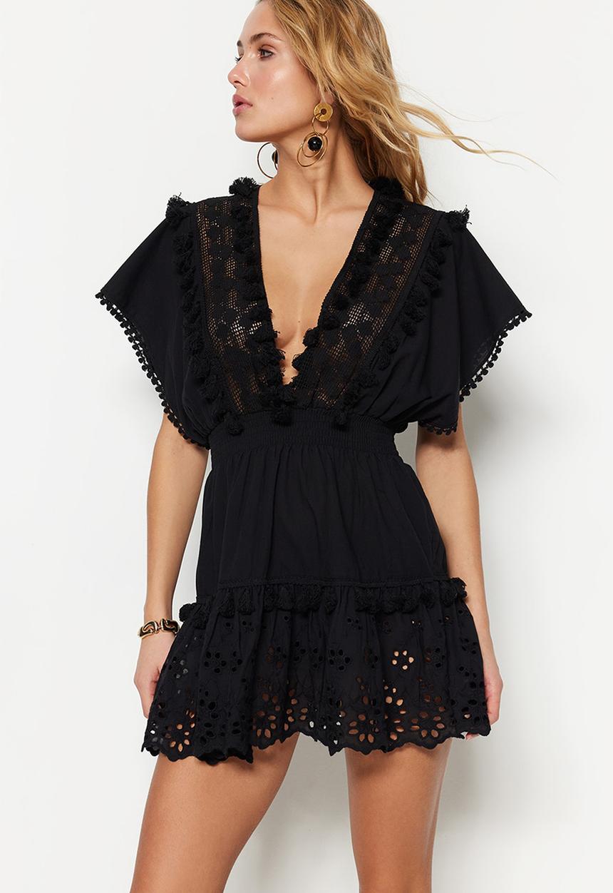 Trendyol - Mini Deep V Frill Detail Dress - Black