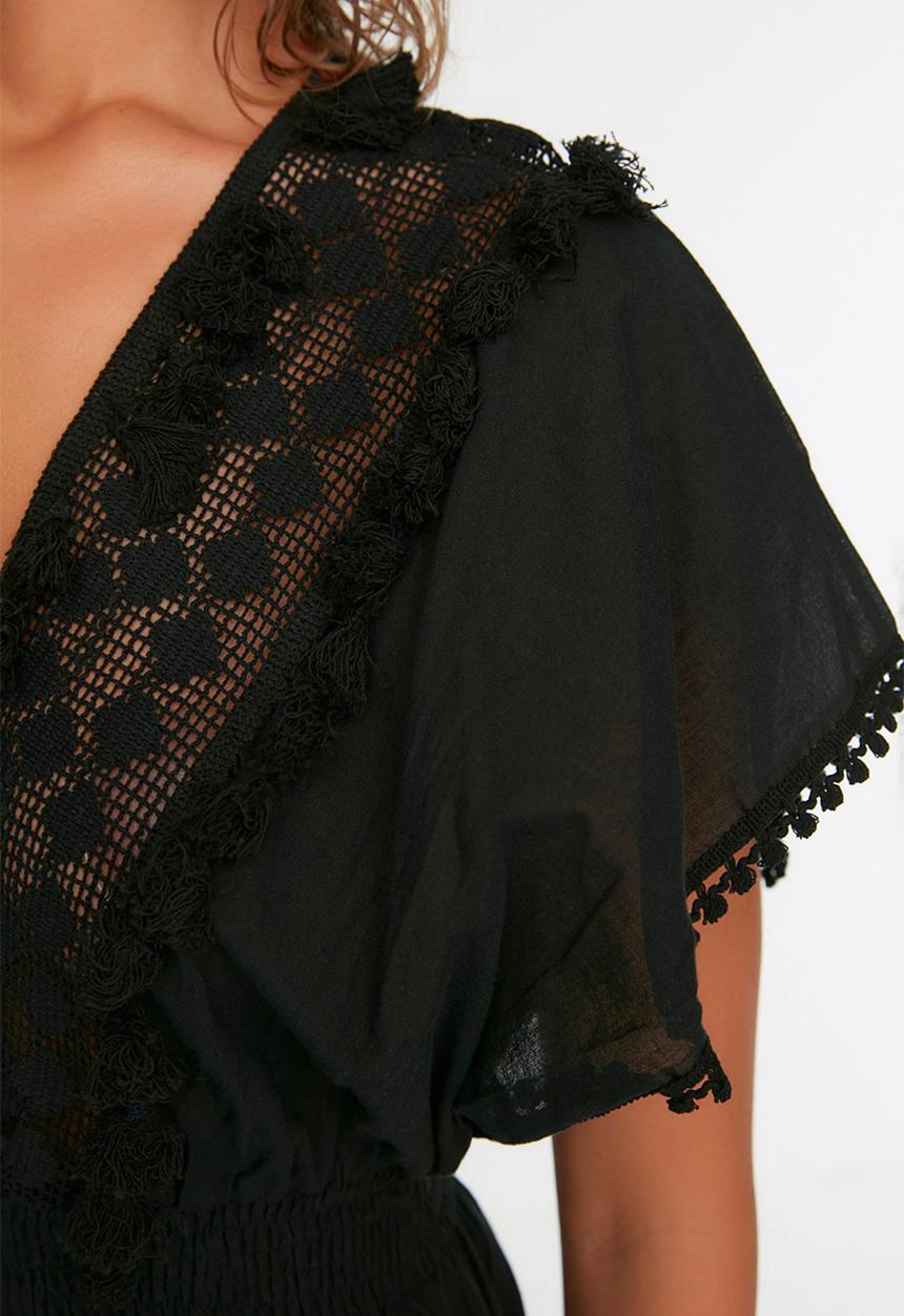 Trendyol - Mini Deep V Frill Detail Dress - Black