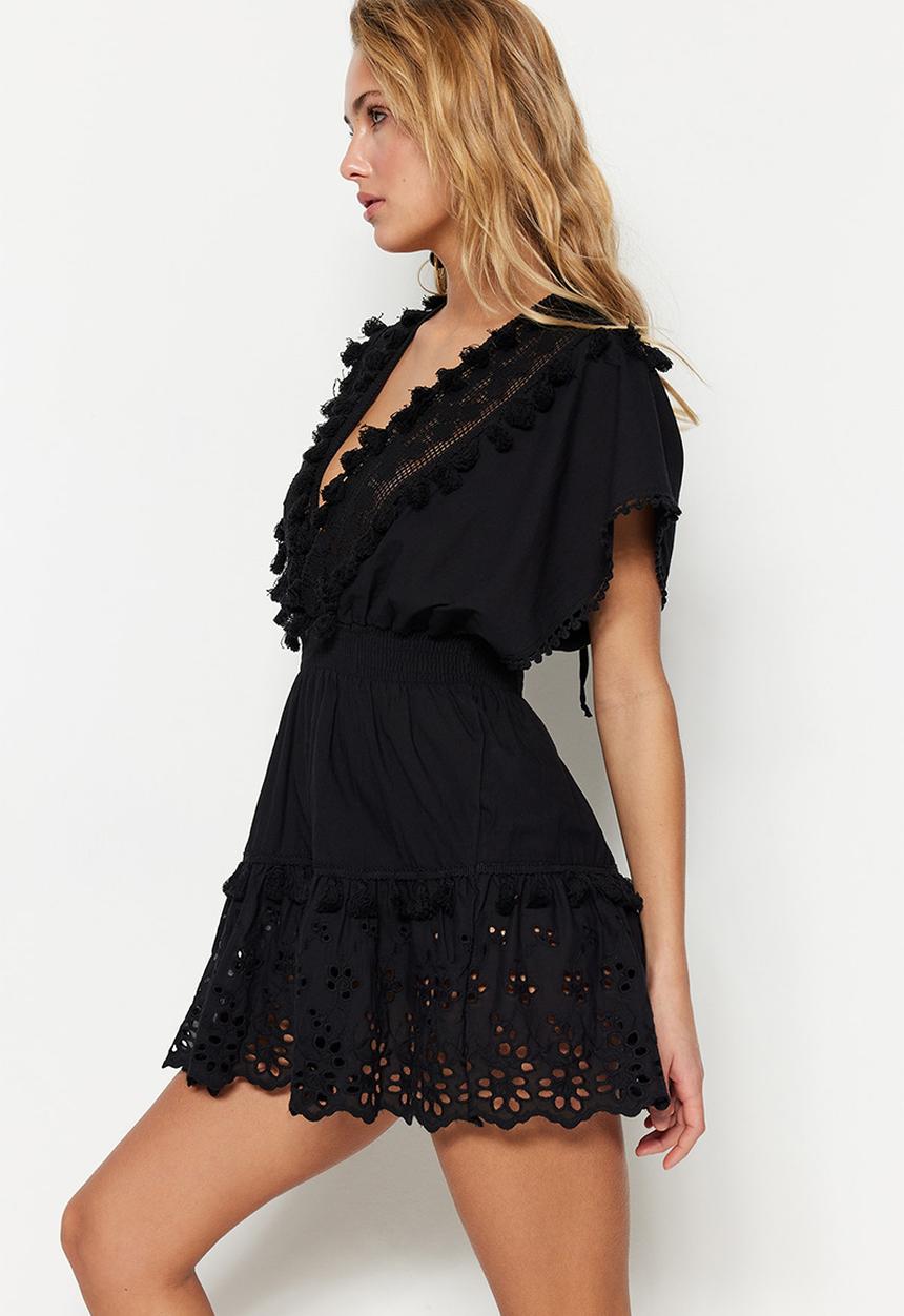 Trendyol - Mini Deep V Frill Detail Dress - Black