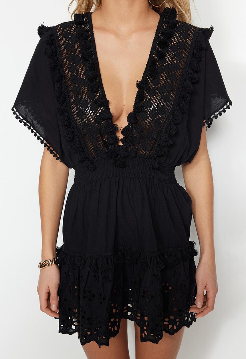 Trendyol - Mini Deep V Frill Detail Dress - Black
