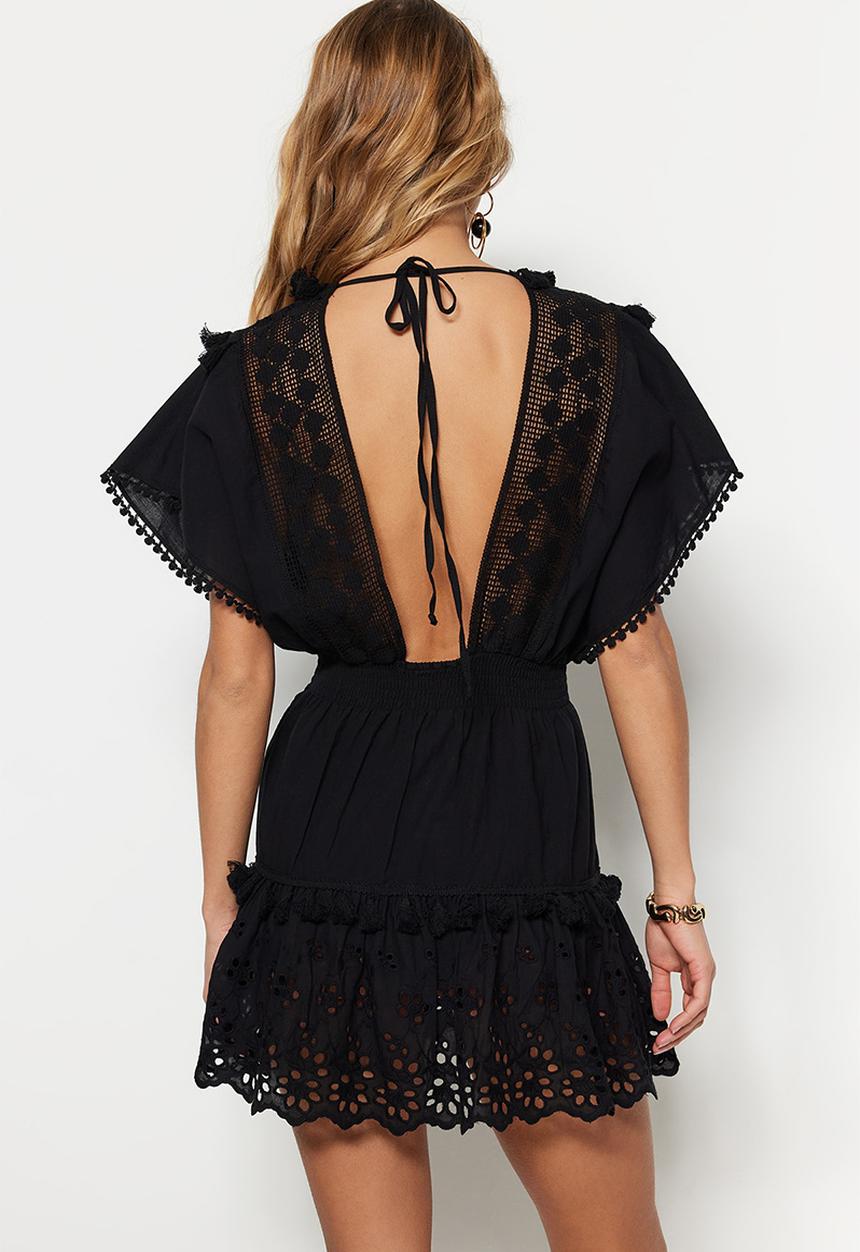 Trendyol - Mini Deep V Frill Detail Dress - Black