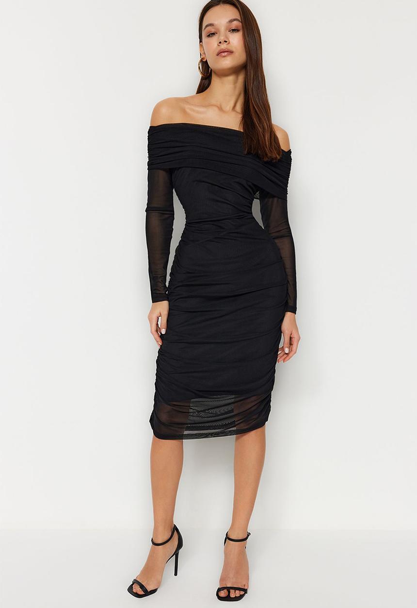 Trendyol - Midi Fitted Knit Dress - Black