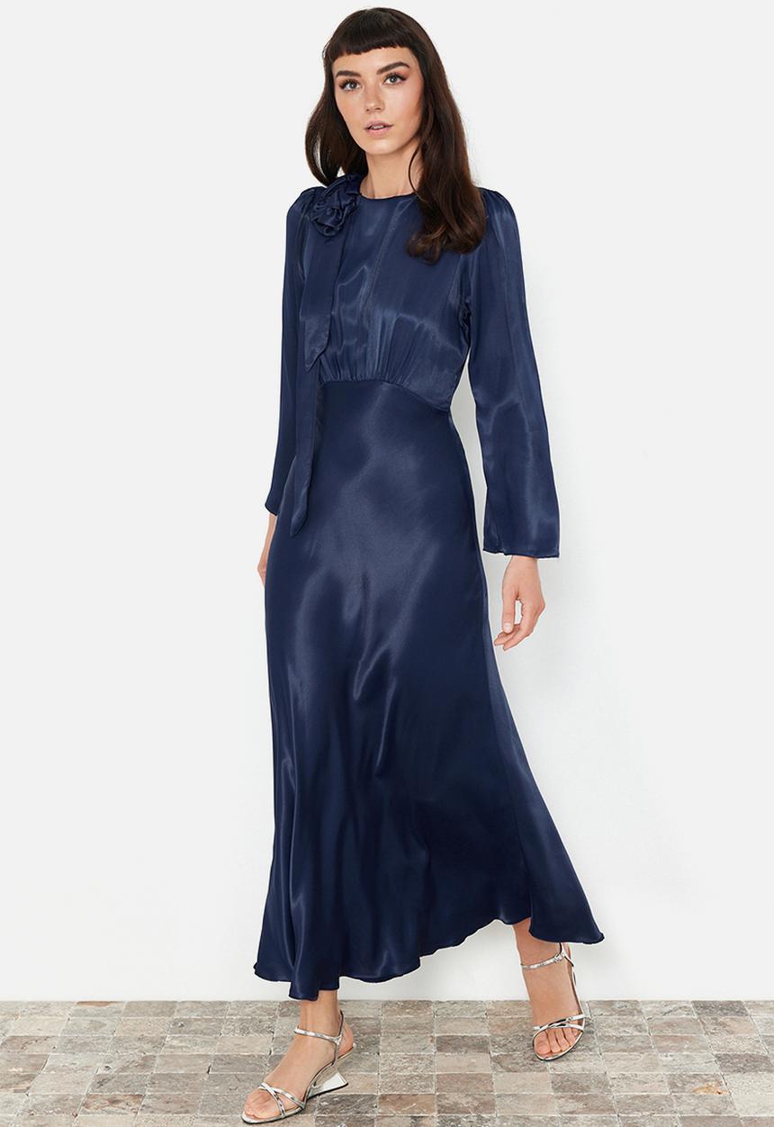 Trendyol - Maxi A line Satin Woven Dress - Navy Blue