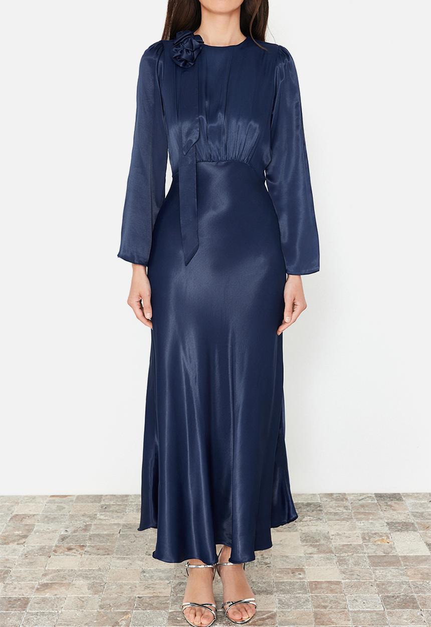 Trendyol - Maxi A line Satin Woven Dress - Navy Blue