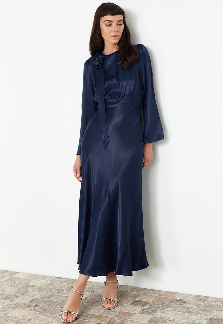 Trendyol - Maxi A line Satin Woven Dress - Navy Blue