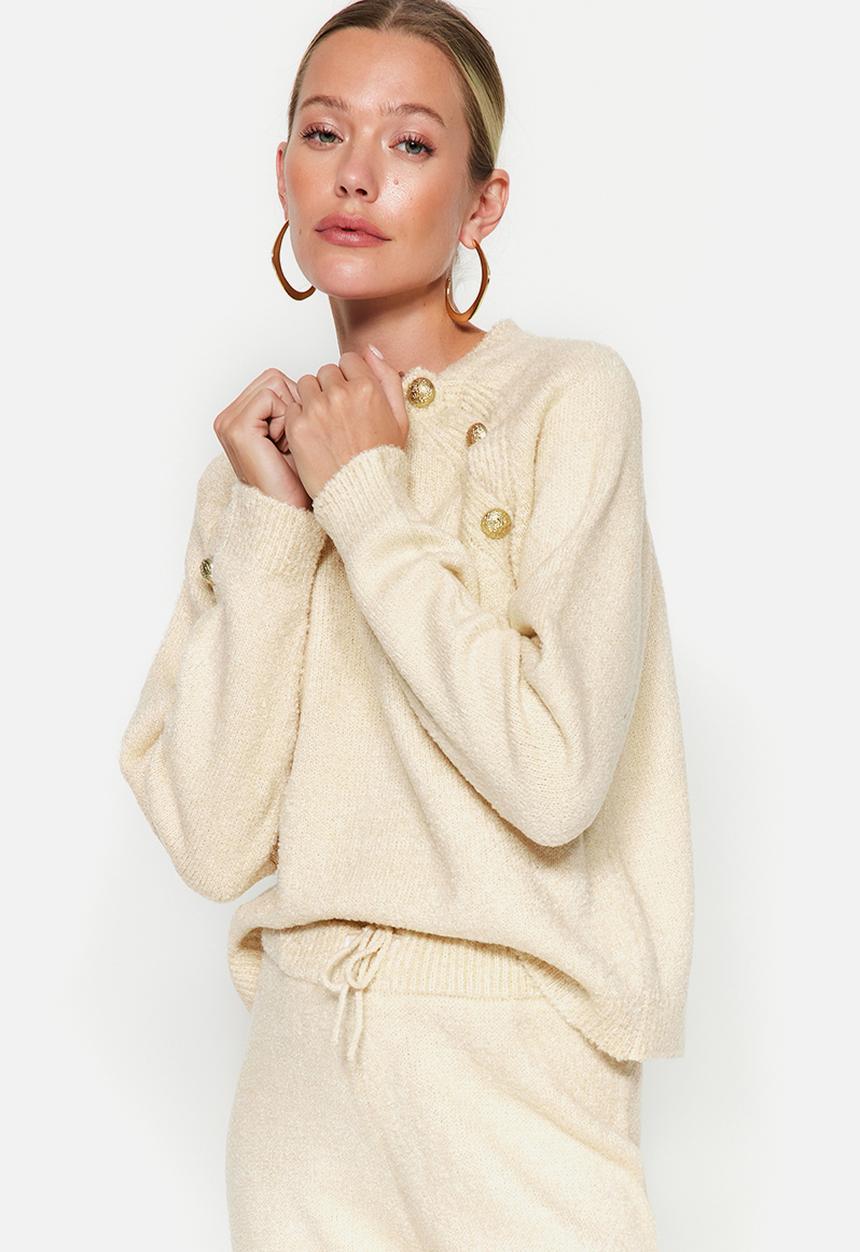 Trendyol - Button Detail Knitwear Bottom-Top Set - Stone