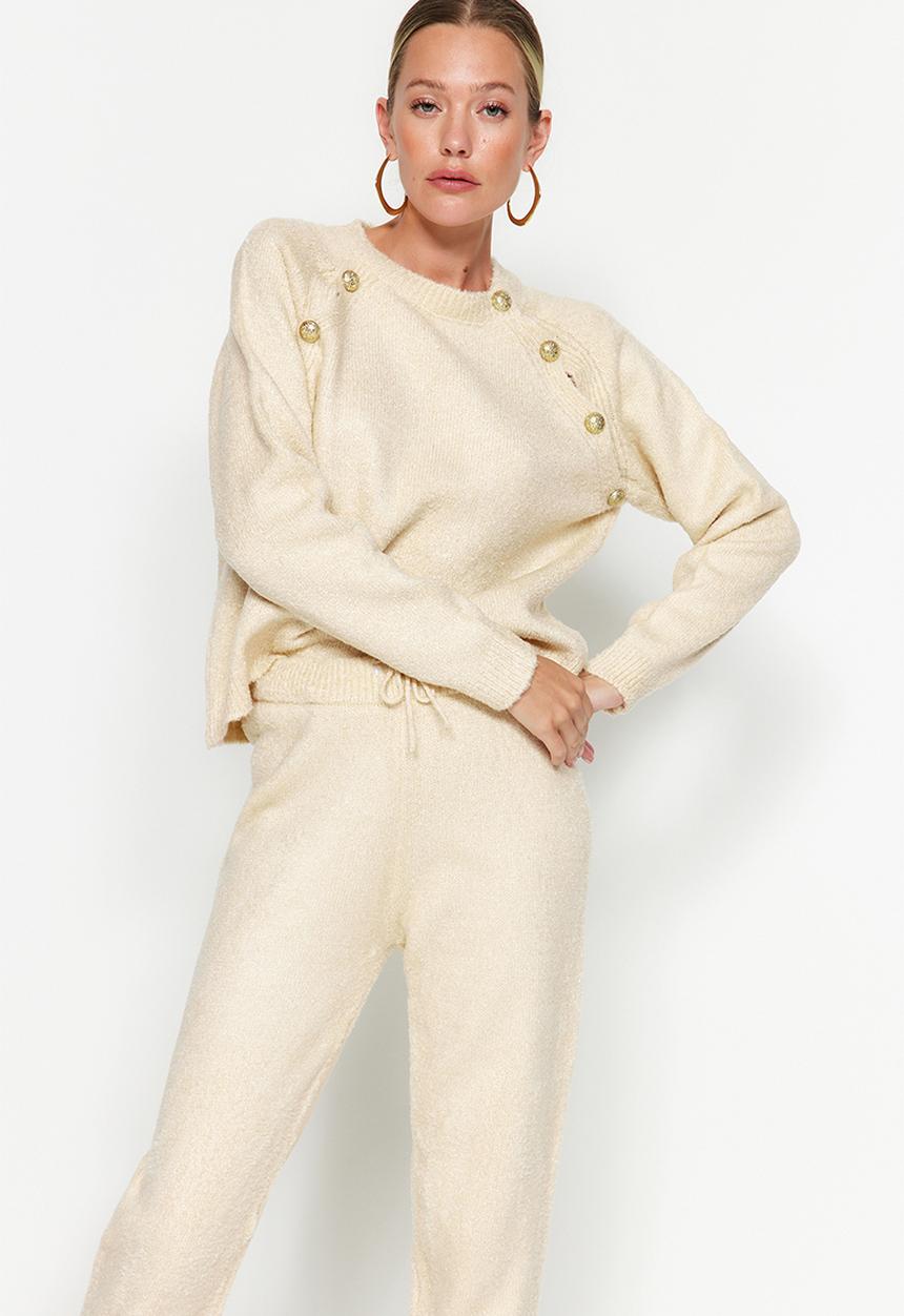 Trendyol - Button Detail Knitwear Bottom-Top Set - Stone