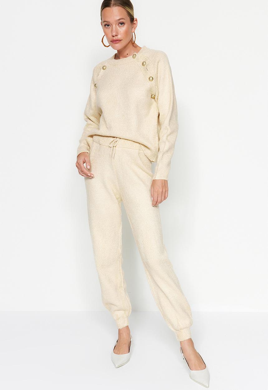Trendyol - Button Detail Knitwear Bottom-Top Set - Stone