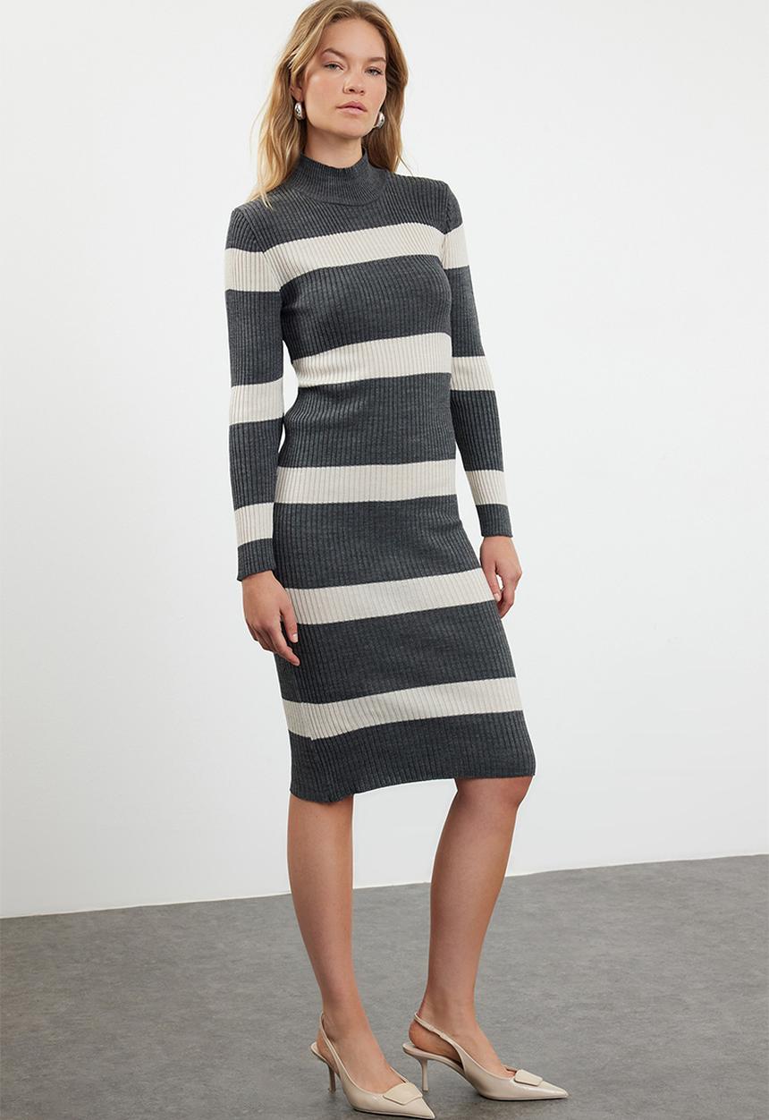 Trendyol - Midi Knit Bold Stripe Dress - Grey & White 