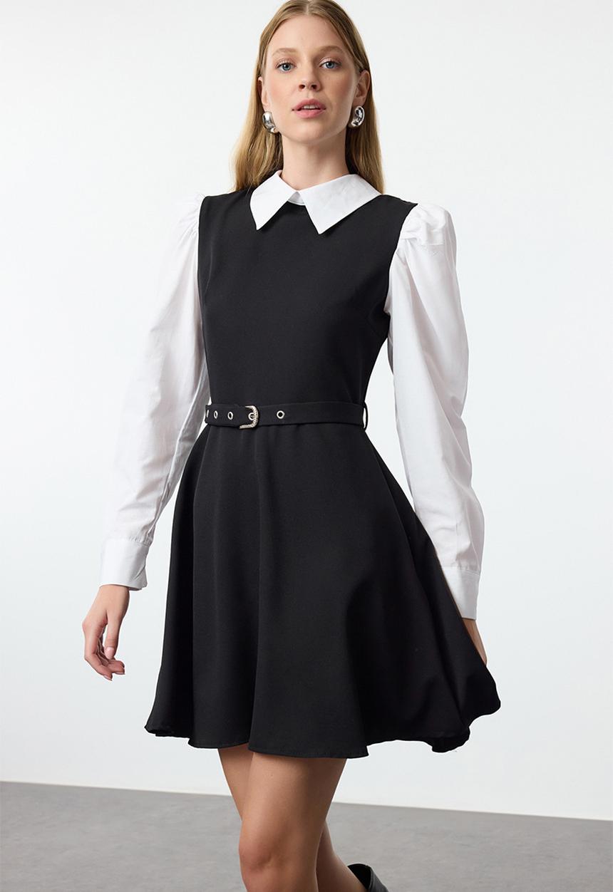 Trendyol - Mini Aline Woven Belted Sleeveless Dress - Black