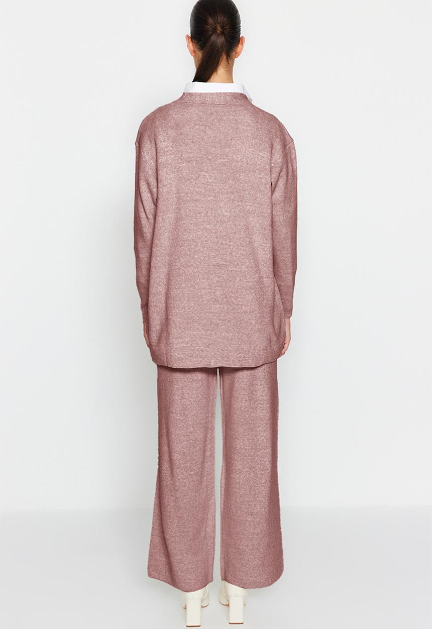 Trendyol - Knitwear Cardigan and Trousers Set - Pearl Button - Dried rose