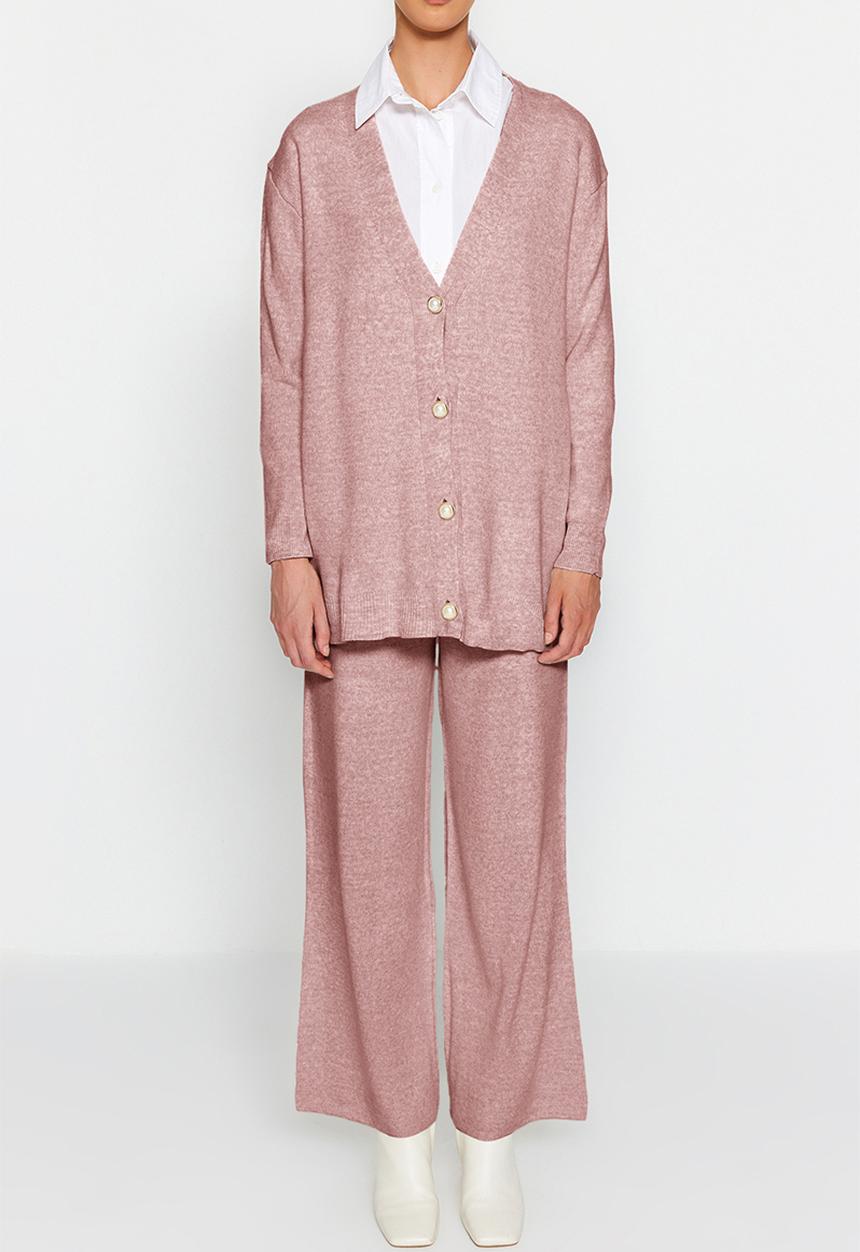 Trendyol - Knitwear Cardigan and Trousers Set - Pearl Button - Dried rose