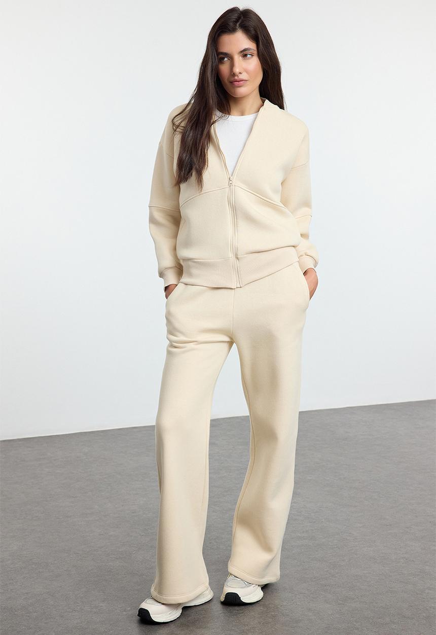 Trendyol - Fleece Zippered Thick Stone Color Oversize Tracksuit Set  - Stone