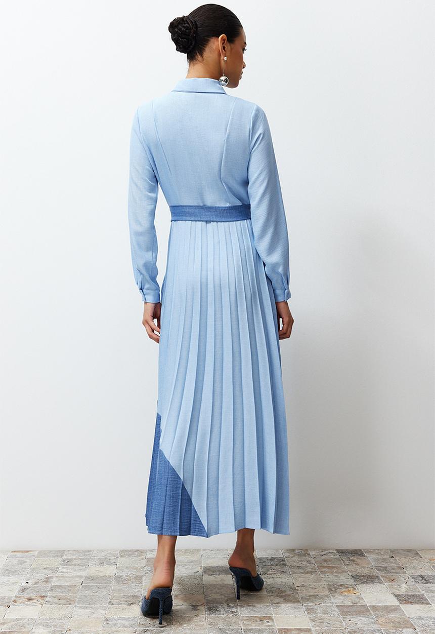 Trendyol - Midi Woven Pleated Dress - Blue